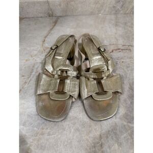 Lanvin Vintage Metallic Gold Leather Slingback Block Heel Sandals EU 39 US 8